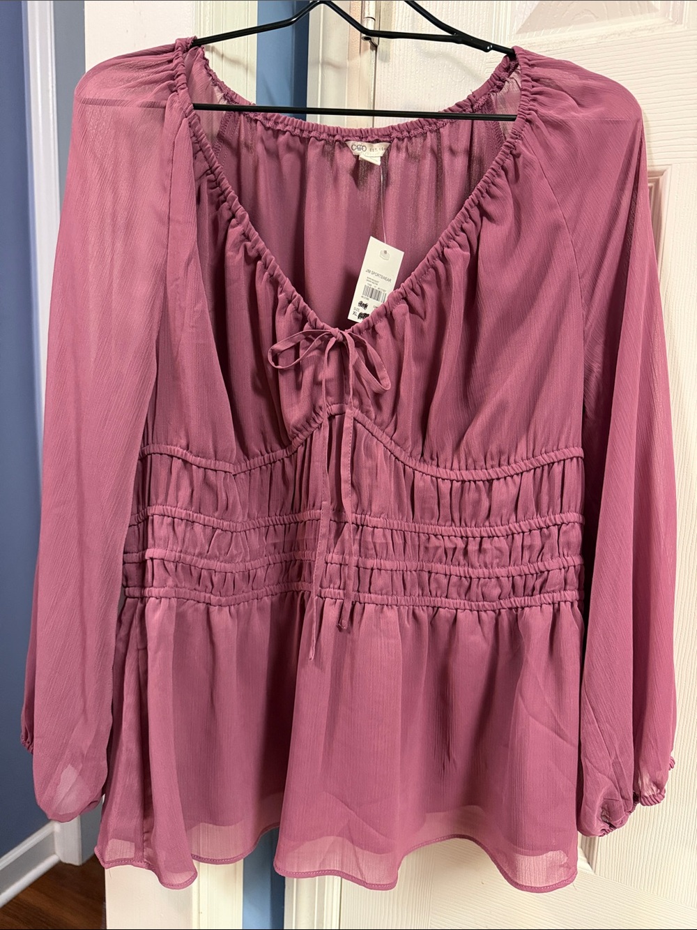 Cato Dusty Rose Peasant Blouse with Tie Neck